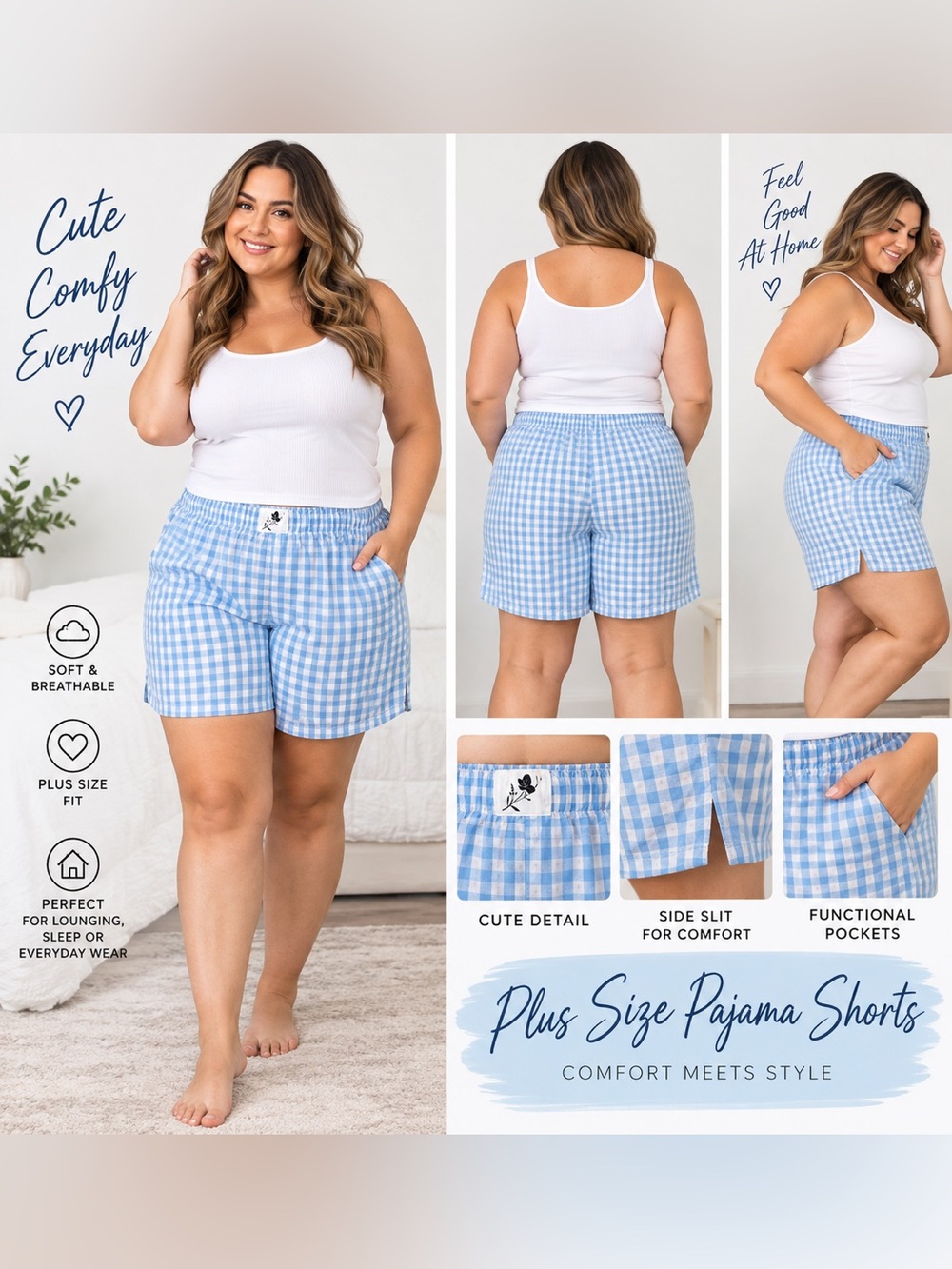 Plus Size Blue Gingham Pajama Shorts